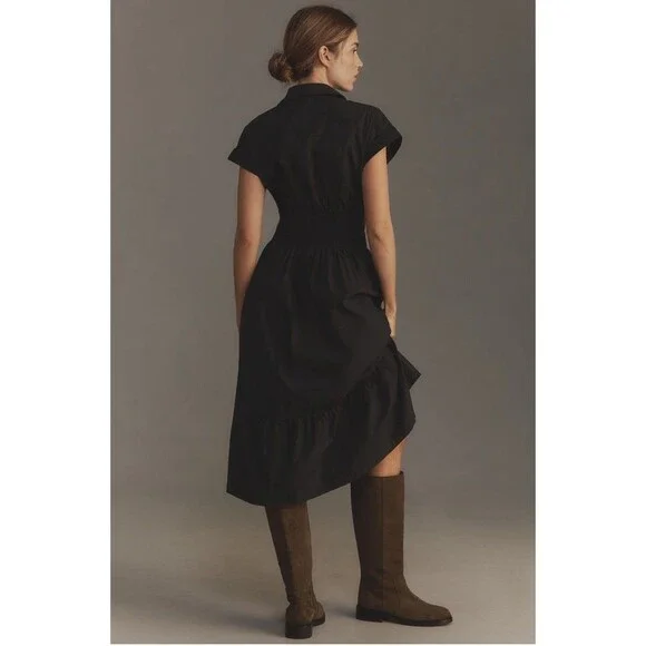 Anthropologie Midi Shirt Dress Black Pleated Cotton Preppy Retro Boho Medium NWT - Picture 9 of 14